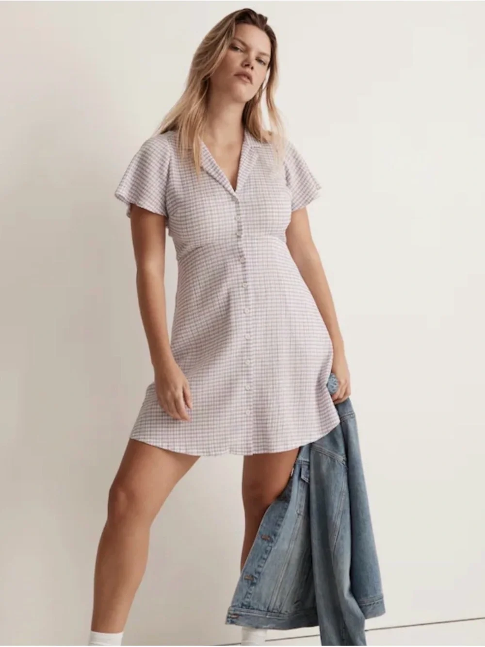 Madewell Lavender-Check Button-Front Mini Dress - Picture 1 of 13